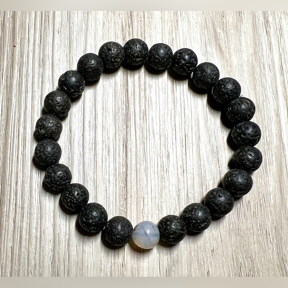 Vintage Handmade Stretch Black Lava Bead & Pink Rose Quartz Bracelet